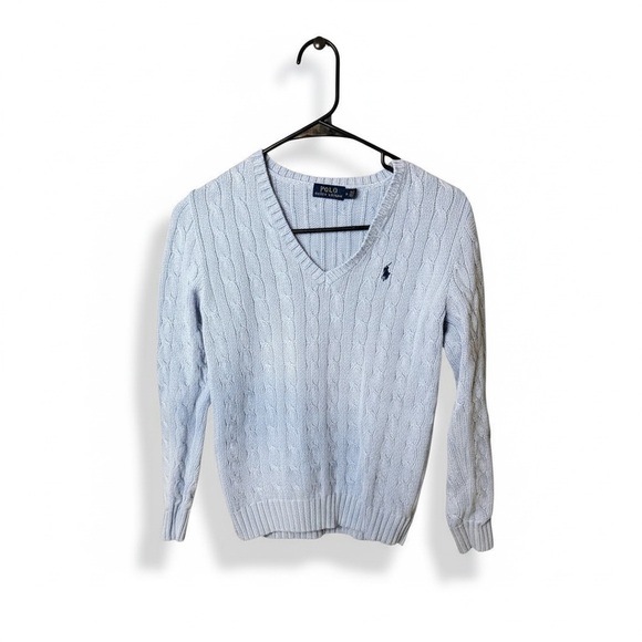 Women’s Poli Ralph Lauren Soft Blue Cable Knit V-neck Sweater M - Picture 2 of 5